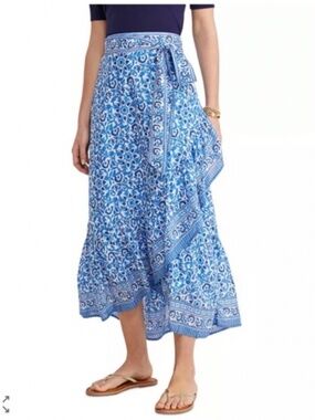 NWT $168 Vineyard Vines Mila wrap skirt in blue and white block print cotton M